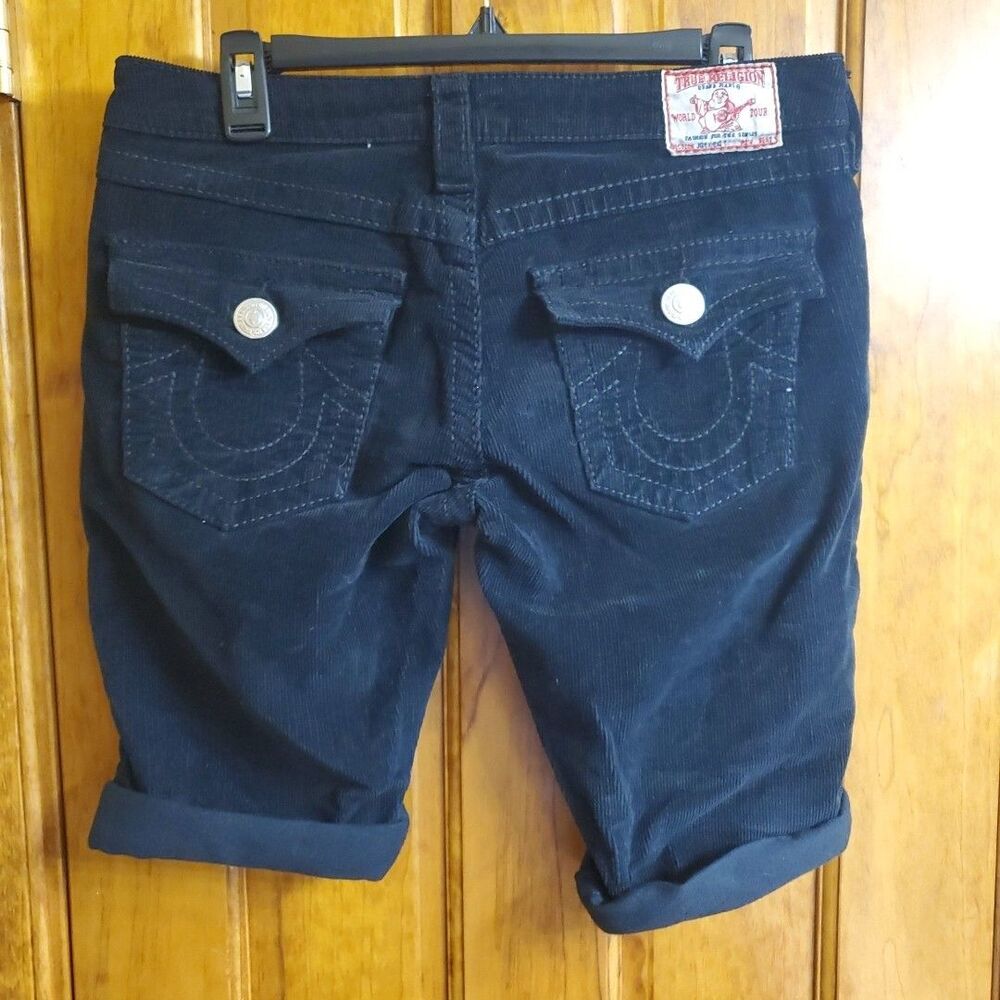 True Religion 29 Corduroy Shorts Womens Black Cuffed Y2K Made in USA Stretch - Picture 13 of 15